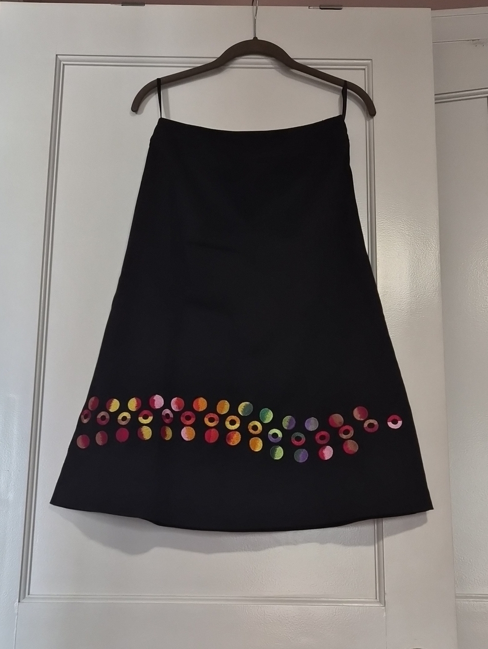 Nicola Quilter Black A-Line Skirt with Multicolor Embroidered Dot Trim